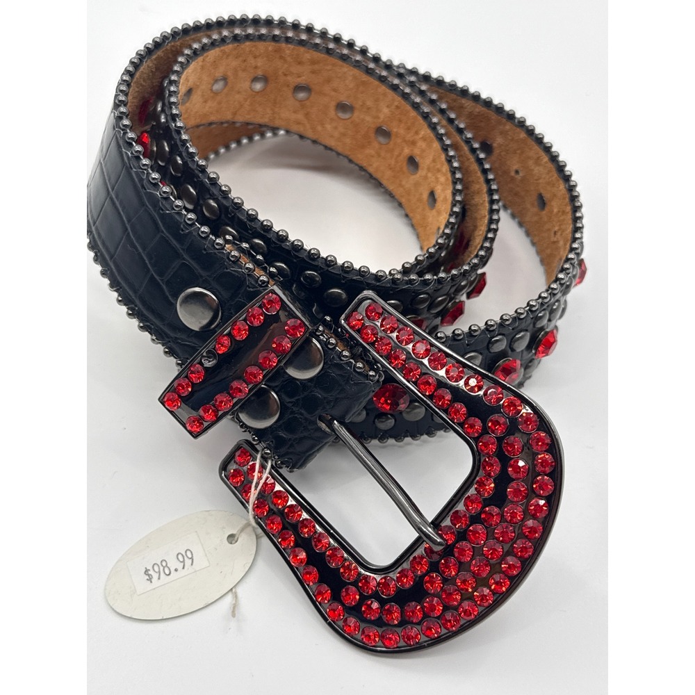 Western Black Leather Red Rhinestone Studded Belt Y2K Cowgirl ML 6041